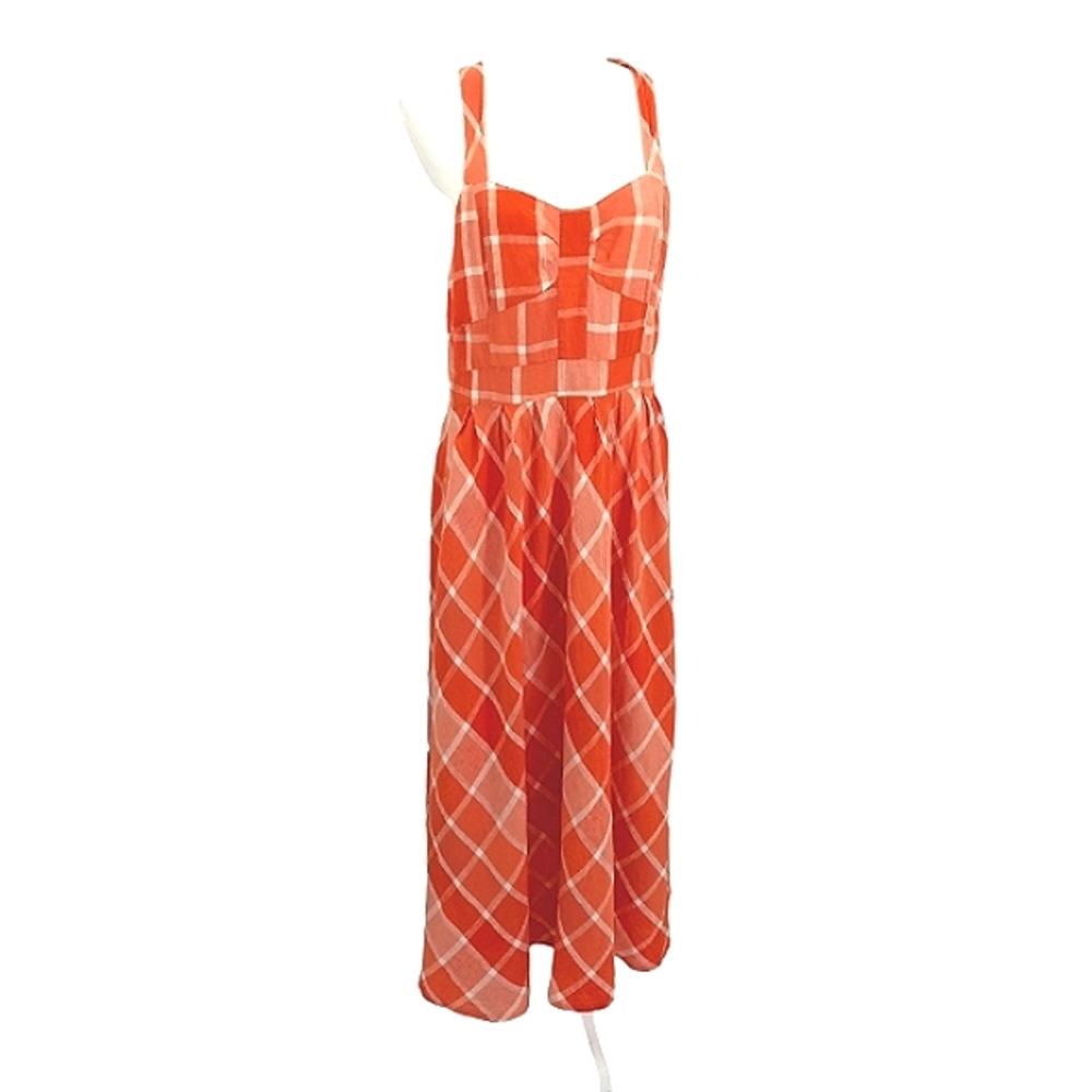 Lennie Nina Leonard Pinafore Maxi Dress Sz 10 Coral Plaid Linen Blend Sweetheart